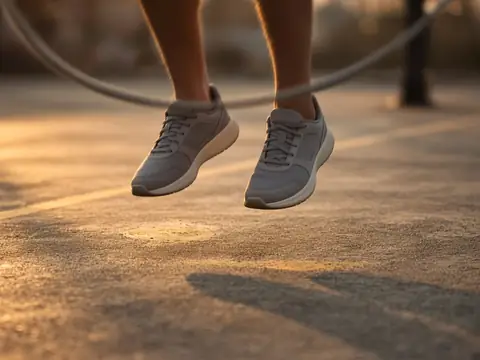 Close-up of feet in grey trainers in mid-air above a jump rope on a wooden floor