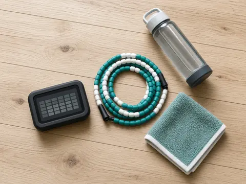Flat lay of a beaded jump rope, an interval timer, a water bottle and a small towel on a wooden floor